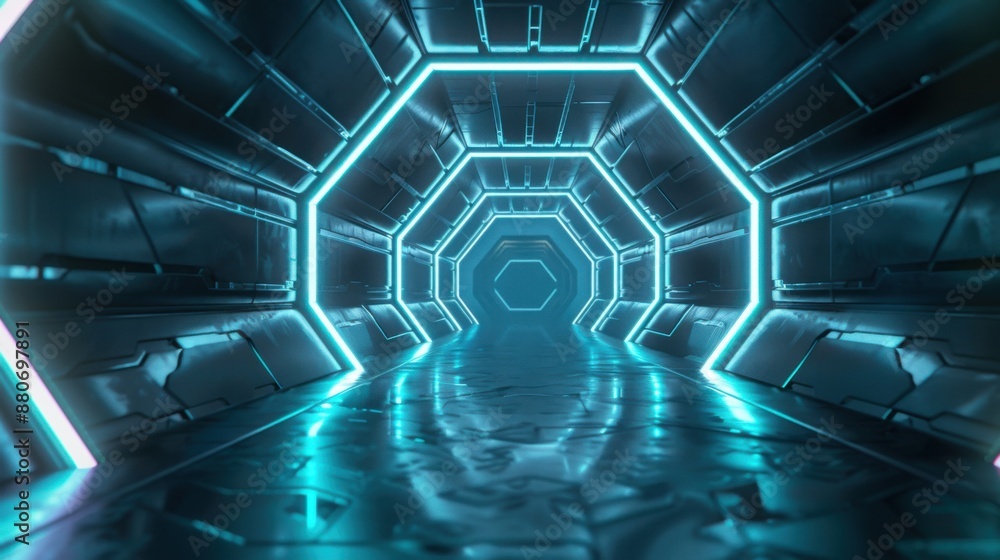 Poster futuristic cyberpunk hexagon tunnel with glowing cyan lines - abstract technology background
