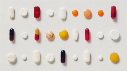 Various drugs in capsule form arranged on white background