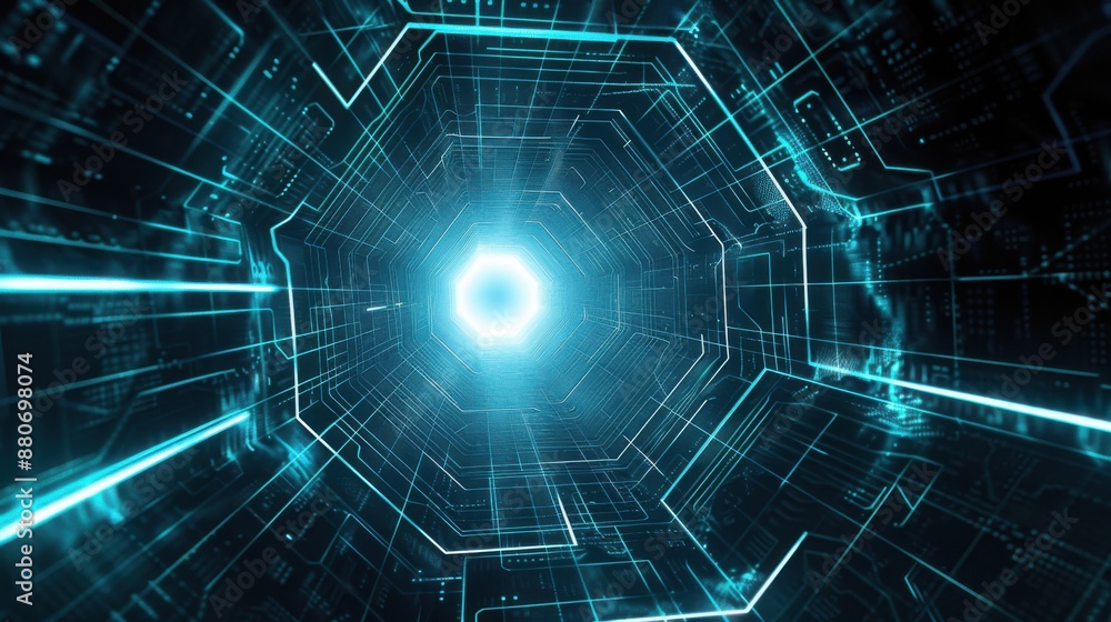 Poster Cyberpunk Futuristic Hexagon Tunnel with Glowing Cyan Lines - Abstract Digital Art Background