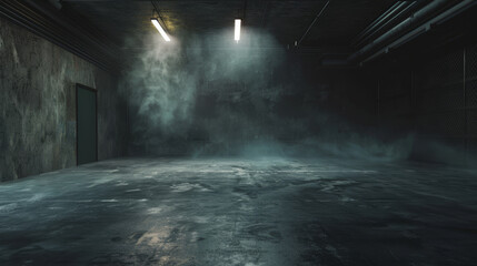 The garage interior is depicted with dim lighting and a haze of smoke, creating a dramatic and industrial ambiance.
The walls and ceiling are obscured by shadows and smoke, enhancing the atmospheric 