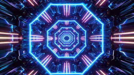 Fototapeta premium Electric Geometric Harmony - Symmetrical Hexagon Pattern with Neon Blue Highlights, Abstract Digital Art