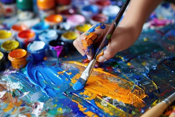 Child painting, kid activity art class.