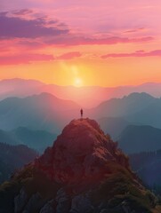 A person standing on top of a mountain at sunset.