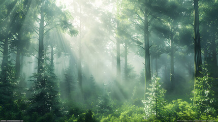 Obraz premium Nature-Inspired Aesthetic Wallpaper Serene Forest with Soft Sunlight Filtering Through Tall Trees and Lush Green Foliage