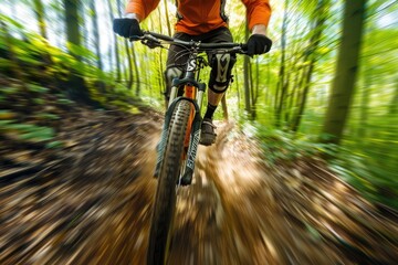 Mountain biker cyclist riding a bicycle downhill on a mountain bike trail.