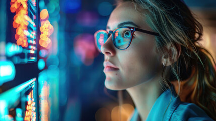 Focused woman wearing glasses analyzing data on a futuristic screen with colorful lights in a high-tech environment.