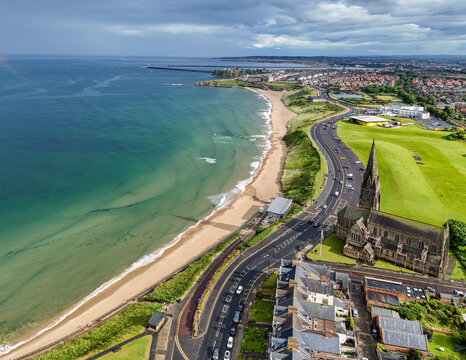 Aerial image of Long Sands Beach along the North East Coast at Cullercoats near Tynemouth, Northumberland. United Kingdom. 7th  July 2024.