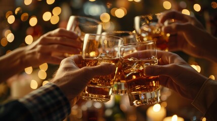 Group of friends toasting with glasses of whiskey