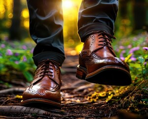 Business person walking in nature, close-up on shoes stepping on a forest path, digital detoxing
