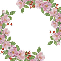 Rosehip round frame template, pink wild rose flowers and leaves. Watercolor detailed botanical wreath for birthday, anniversary, thank you, congratulations and mothers day cards, wedding invitation