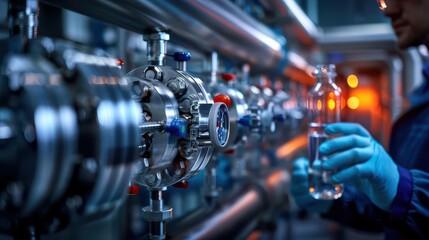 Fototapeta premium Close-up of a chemist adjusting valves on a high-tech pump system, with a network of steel pipes transporting chemicals in the background