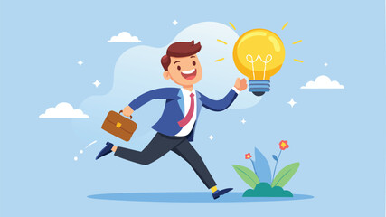 Excited Businessman with Big Lightbulb Idea Running to Invent New Product, Solving Problems through Creativity and Innovation