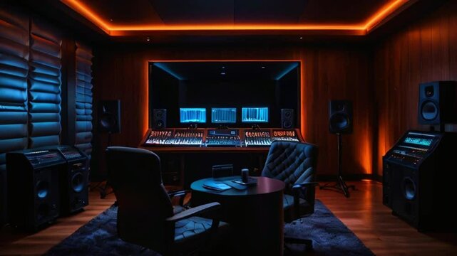This is a professional music or sound production studio. There is a large mixing console and several speakers in the room.