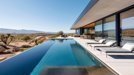 Fototapeta premium Modern desert oasis: elegant poolside living in a minimalist villa, perfect for luxury escapes
