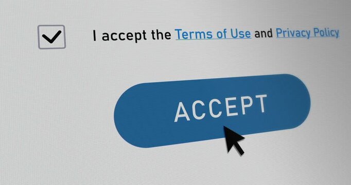 Button Accept and checkbox for terms of use and privacy policy, click on website policy close-up acceptance, interface, footage