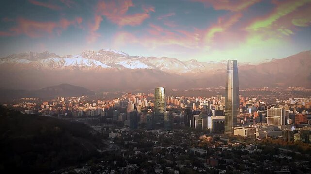 Cityscape of Santiago de Chile, Capital of Chile, with the Andes Mountains in the Background. 4K Resolution.