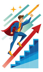 Superhero Businessman Pushing Rising Graph, Symbolizing Increased Investment Profit, Sales, and Revenue Growth