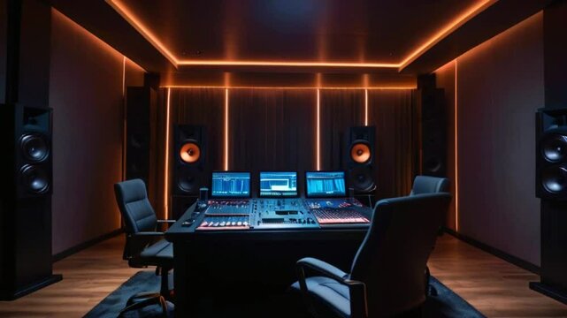 This is a professional music or sound production studio. There is a large mixing console in the center with speakers and a subwoofer on each side 