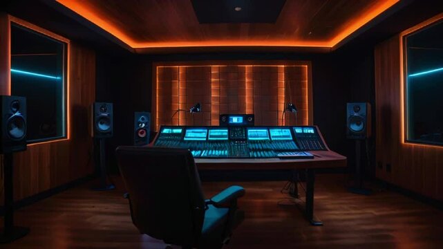 This is a professional music or sound production studio. There is a large mixing console in the center of the room, with speakers and other equipment on the walls.