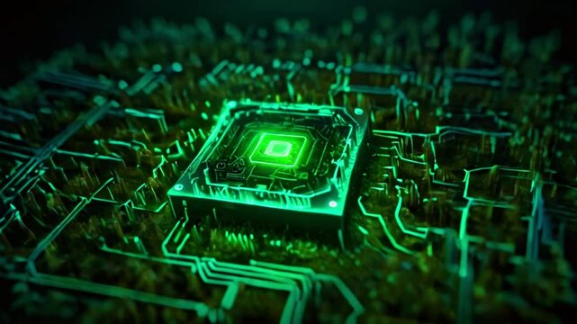 A glowing green circuit board with a bright green central processor.