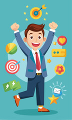 Gamification in business, joyful businessman using gaming strategy to engage customers and achieve targets