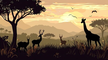 Silhouette African Safari Animal Landscape Scene.