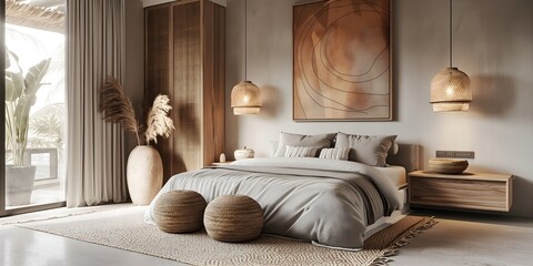  Bedroom interior designed in the Japandi style, abstract painting on canvas above bed, large vases with textured elements like woven accents. Minimalist. 