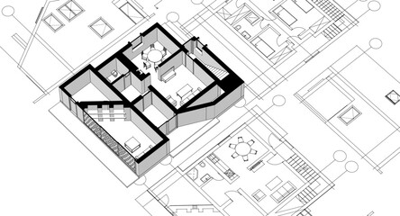 house traditional architecture plan 3d illustration	
