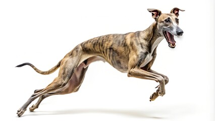 Obraz premium Greyhound running with mouth open and brindle coat
