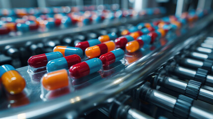 Fototapeta premium Close-up of colorful pills on a production line in a pharmaceutical manufacturing facility.