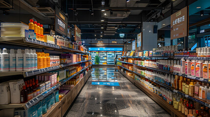 Modern Supermarket Aisle with Various Products - Hong Kong, China