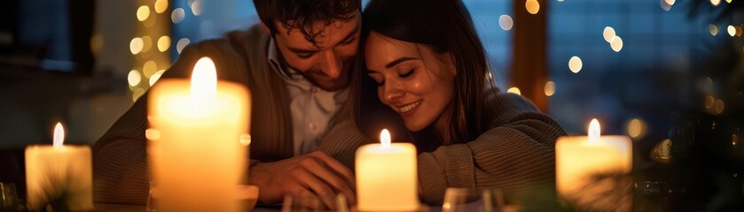 candlelit dinner, romantic couple, cozy snuggle, intimate night, warm ambiance, affection