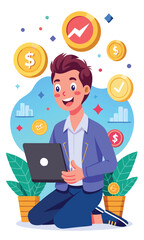 Happy Young Man Making Money by Trading Stocks and Cryptocurrencies Online, Successful Investor Concept