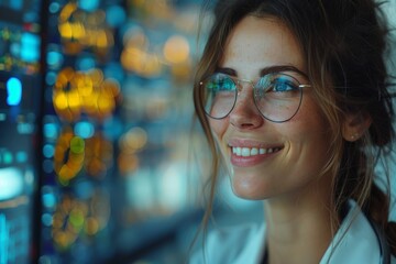 Smiling woman in glasses looking at digital display