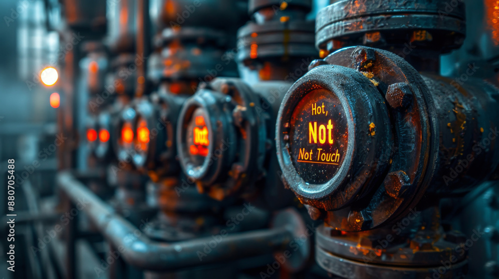 Poster close-up of an industrial valve with a warning label in a factory setting, emphasizing safety and ca