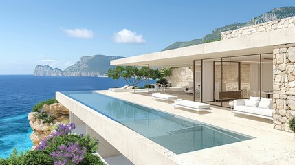 Fototapeta premium Modern Cliffside Villa with Infinity Pool and Ocean View