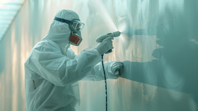 Worker in protective suit painting with spray gun