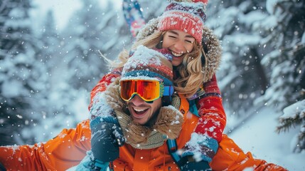 Happy couple enjoying snowy day in winter wonderland