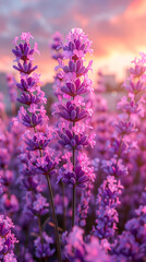 Naklejka premium Serene Lavender Field at Dusk Pastel Sky Landscape for Best Quality Designs