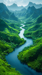 Majestic Aerial Landscape of Winding River in Lush Green Valleys