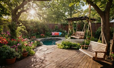 A backyard with a pool, a swing set, and a patio with a bench