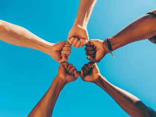  Friends hands in strong link against blue sky symbolizing strong bonding unity support Friendship Strength Concept 