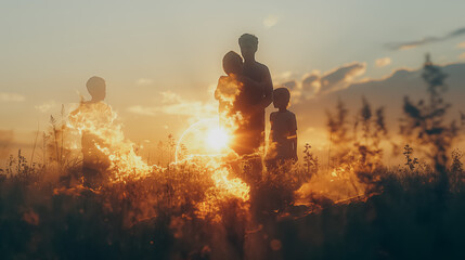 Fototapeta premium A family of four is silhouetted against a bright orange and yellow sky. The sun is setting, casting a warm glow over the scene