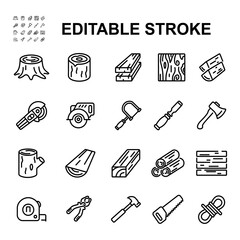 Collection of vector line icons related to wood. Contains icons such as various shapes of wood, carpenter's tools.