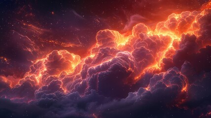 Stunning vibrant clouds with fiery, glowing edges in a dramatic sky, creating an ethereal and captivating scene.