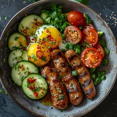 Top-Down View of Keto Sausage and Egg Bowl with Fresh Cherry Tomatoes and Cucumbers