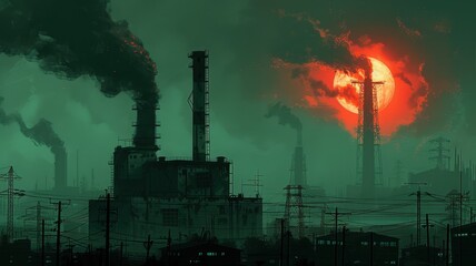 Silhouette of an industrial complex with chimneys emitting smoke under a dramatic red sun in a dystopian landscape.