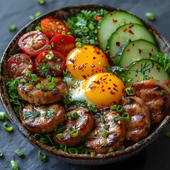 Nutritious Keto Bowl with Grilled Sausages, Boiled Eggs, and Fresh Vegetable Garnish