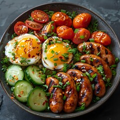 Mouth-Watering Keto Sausage Bowl with Perfectly Boiled Eggs, Fresh Cucumbers, and Cherry Tomatoes