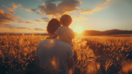 A man and a child are standing in a field with the sun setting in the background. Scene is peaceful and serene, as the two are enjoying the beauty of the sunset together